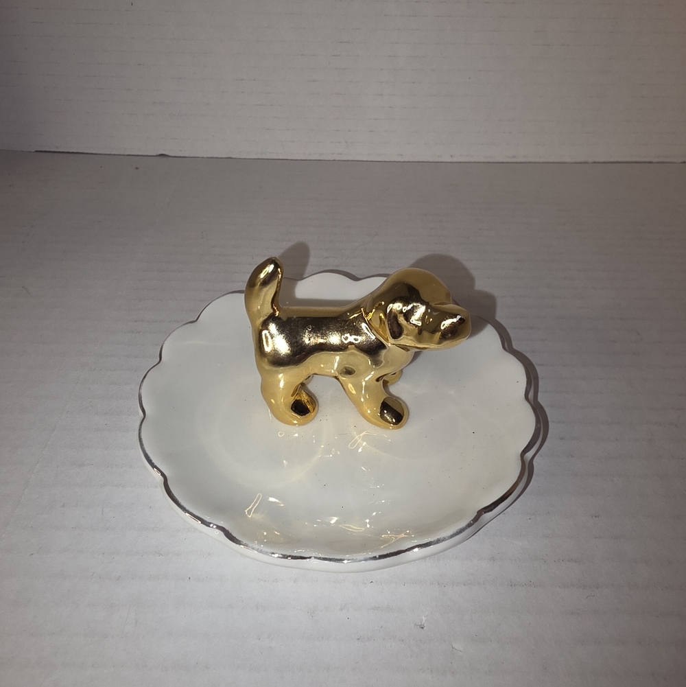 Gold Dog Ring Holder Jewelry Tray Trinket Dish Ceramic Plate Necklace Earrings